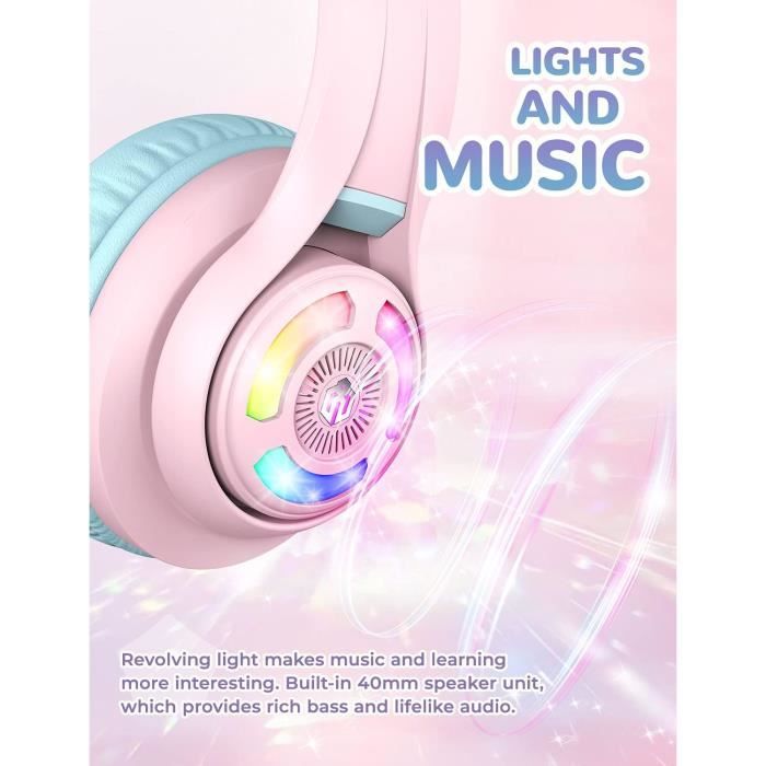 Casque Audio Enfant IClever Oreilles De Chat LED - Volume Limité 85dB, Partageable