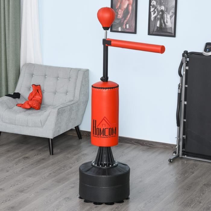 Sac De Frappe Sur Pied HOMCOM Avec Gants - Hauteur Réglable 132-158 Cm, Base Remplissable D'Eau/Sable, Pour Ados Et Adultes