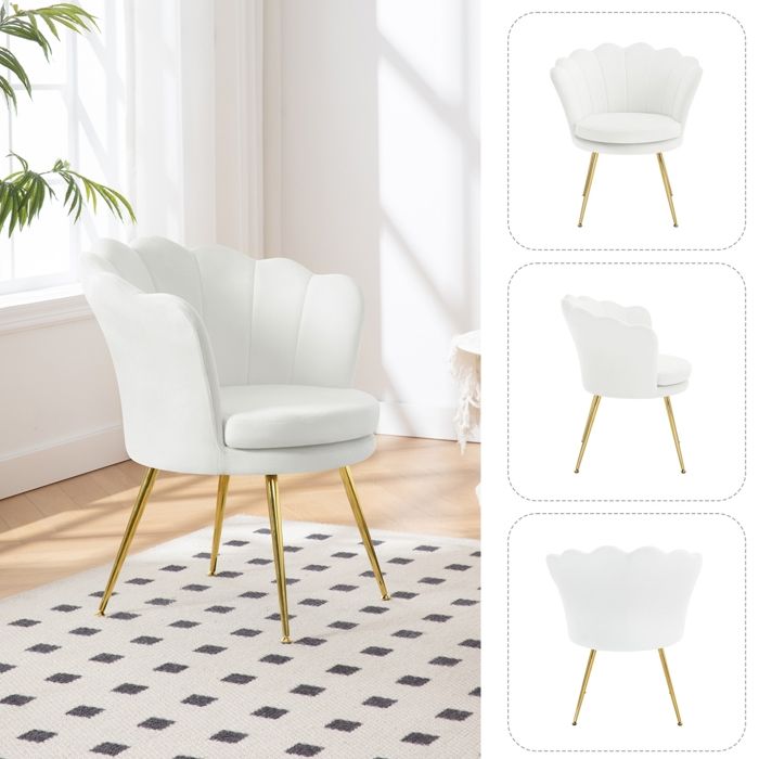 2 Fauteuils Velours Coquillage - Dossier Pétale - Pieds Métal Réglables - Blanc Crème
