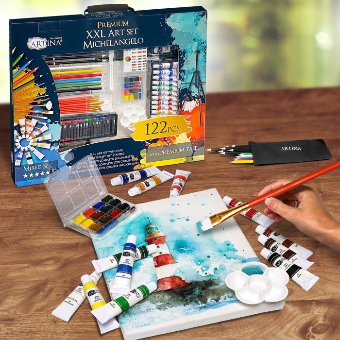 Kit Peinture XXL 122 Pièces Avec Chevalet – Acrylique, Aquarelle, Pastels – Pour Tous Les Artistes !