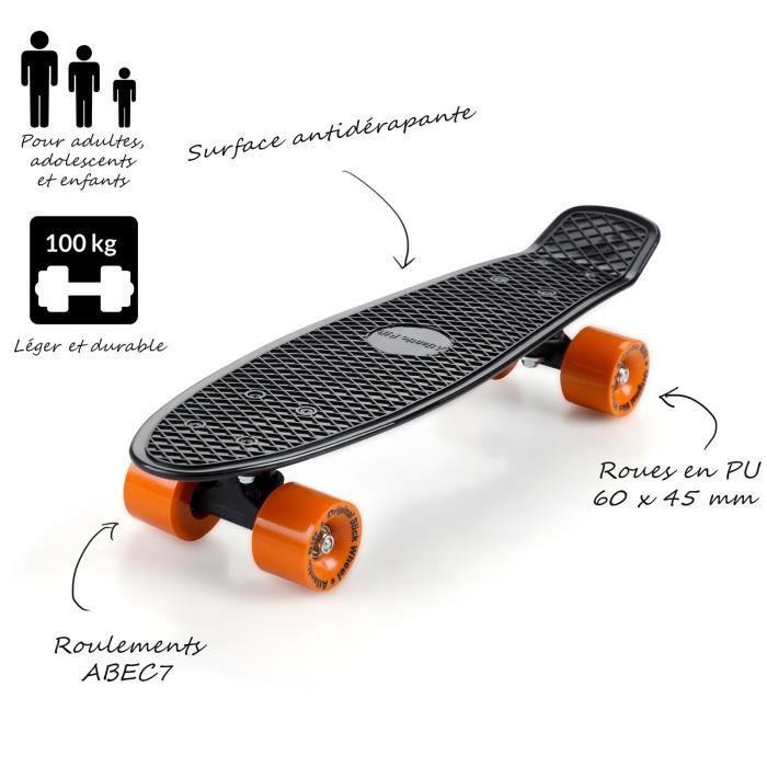 Skateboard 22 noir orange mini planche à roulettes max. 100 kg roues ABEC  7 style rétro vintage plateau antidérapant - Achat / Vente Skateboard 22  noir orange - Cdiscount