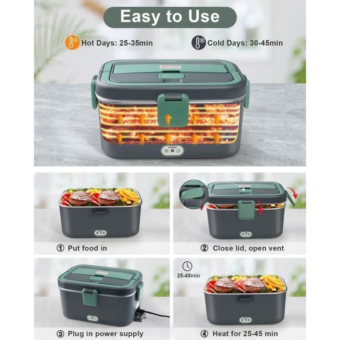 LEAZZLE Gamelle Chauffante De 200W Avec Couverts Et Sac Chauffant, Lunch Box Chauffante En Acier Inoxydable 220V, Boite Isotherme Repas Chaud Pour Le Bureau, Le Pique-nique, La Caravane