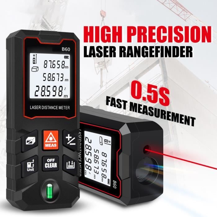 POPOMAN Télémètre Laser 60m avec rétroéclairage LCD, précision ± 2 mm,  m/in/ft, Distance/Zone/