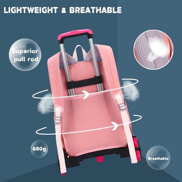 Cartable à Roulettes Fille 16 Pouces - Léger Et Détachable - Bleu Rose - Pour 4-9 Ans - Porte-clés Licorne Offert