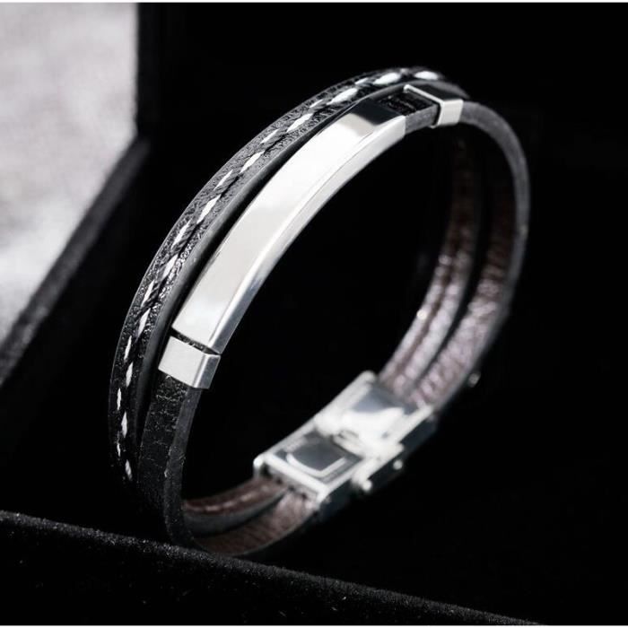 Bracelets En Cuir Tressé Pour Homme/femme - Lot De 2 (long Et Court), Fermoir Magnétique Acier Inox - Noir, Imperméable