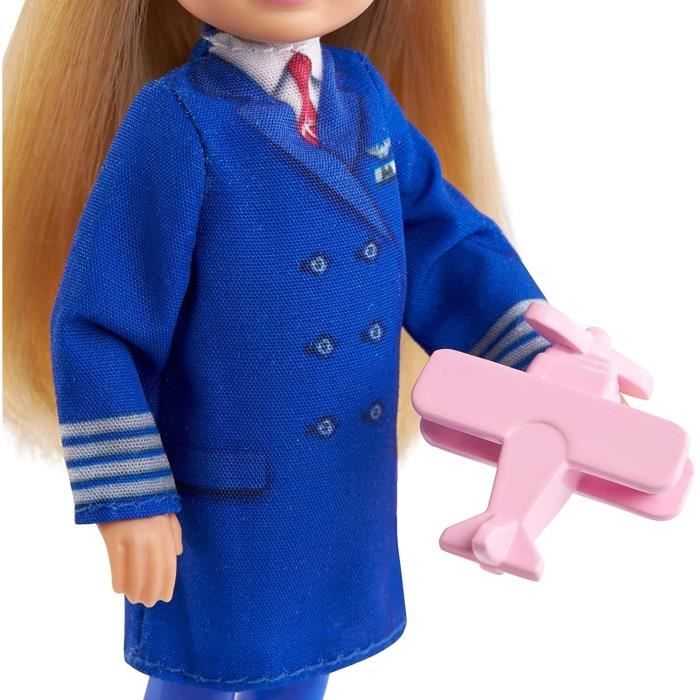Barbie Carriere - Chelsea Pilota, playset con bambola Chelsea e aereo, veivolo a 2 posti con elica margherita rotante, cucciolo e 7+ accessori inclusi, giocattolo per bambini, 3+ anni, HTK38