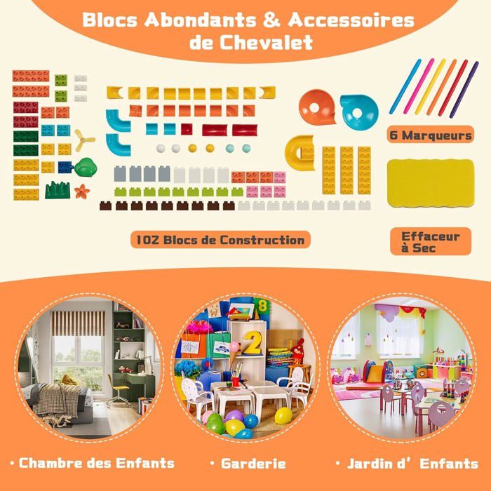 Table D’activités 6 En 1 Pour Enfants 3 Ans+ – Avec Chaise, Plateau Amovible, 160 Blocs, Tableau Blanc – Charge 75 Kg, Rangement Inclus