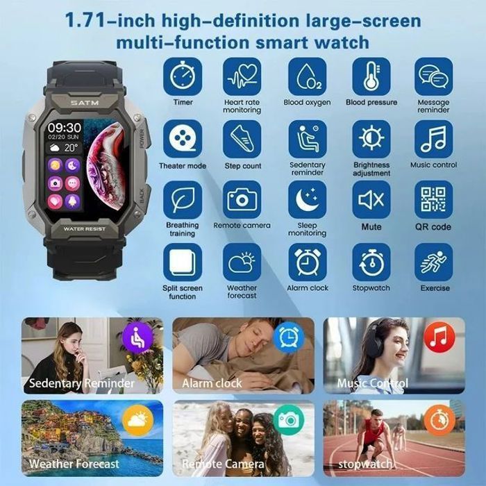 Montre Connectée Militaire étanche 5ATM - Écran 1.39" - Cardio, Tension, GPS - Android/iOS - Noire - Neuf