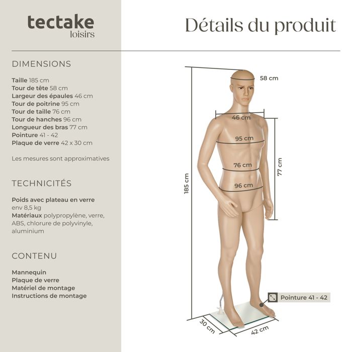 Mannequin Homme Sans Tête – Vitrine – PE Robuste + Base Verre & Support Alu