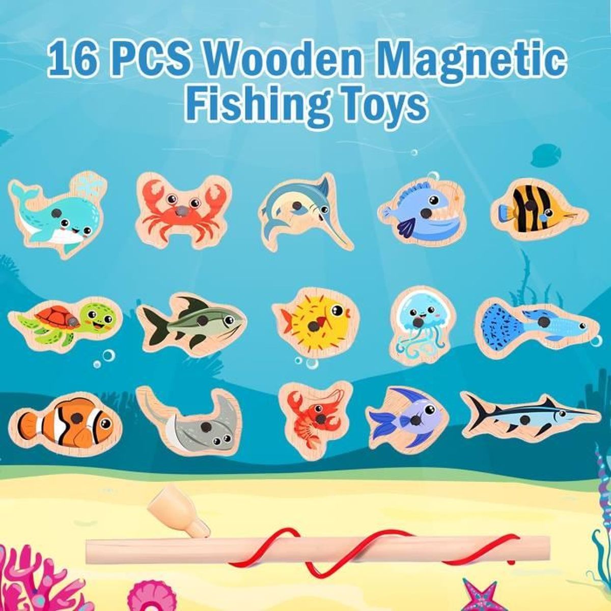 Jeu de Pêche Magnétique AMOUNE - Comprend 15 Poissons Différents - Jouet en Bois pour Enfants Jeu de Pêche Magnétique AMOUNE - Comprend 15 Poissons Différents - Jouet en Bois pour Enfants