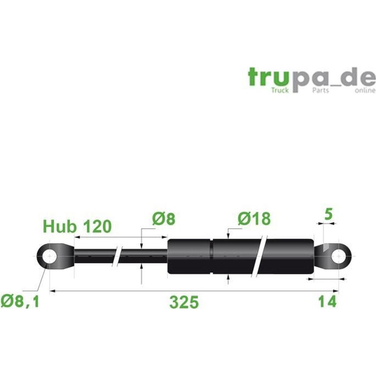 Ressort Vérin à gaz en acier Ø8mm force 300N course 120mm