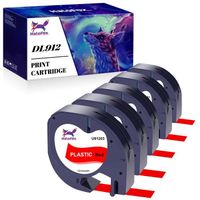 5x HALOFOX Compatible pour Dymo LetraTag Ruban Plastique 91203, 12mm x 4 m,pour Dymo LetraTag LT-100H,  Noir sur rouge