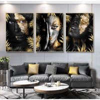 lot of 3 Peinture sur toile de femmes avec feuilles d'or noir, affiche d'art mural pour décoration de salon sans cadre 40x50cm