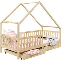 Lit cabane ALVA lit enfant simple asymétrique en bois 90 x 200 cm, avec rangement 2 tiroirs, en pin massif à la finition naturelle