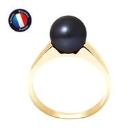 PERLINEA - Bague Véritable Perle de Culture d'Eau Douce Ronde 8-9 mm - Colori Black Tahiti - Or Jaune - Bijou Femme