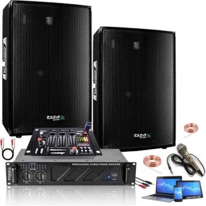 Enceinte Sono DJ Skytec 2.1 set DJ complet 1100 watts avec table de mixage  et câbles - idéal pour vos soirées