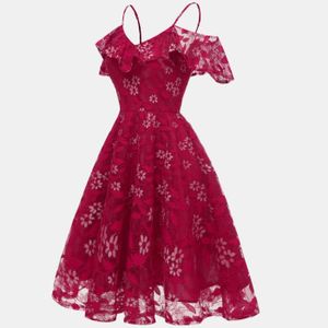 ROBE Mesdames sexy élégante robe de bal d'été décontracté O cou dentelle maille en mousseline de soie robe maxi plissée M Rouge
