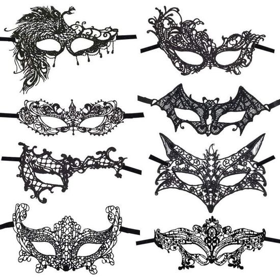 6 Masques Vénitiens En Dentelle Noir - Demi-Visage Sexy Pour Carnaval, Fête, Halloween (Lot Varié)