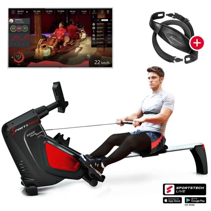 Sportstech RSX500 rameur- marque de qualité allemande - video & multijoueurs APP - avec Moniteur de fréquence Cardiaque - 16 program