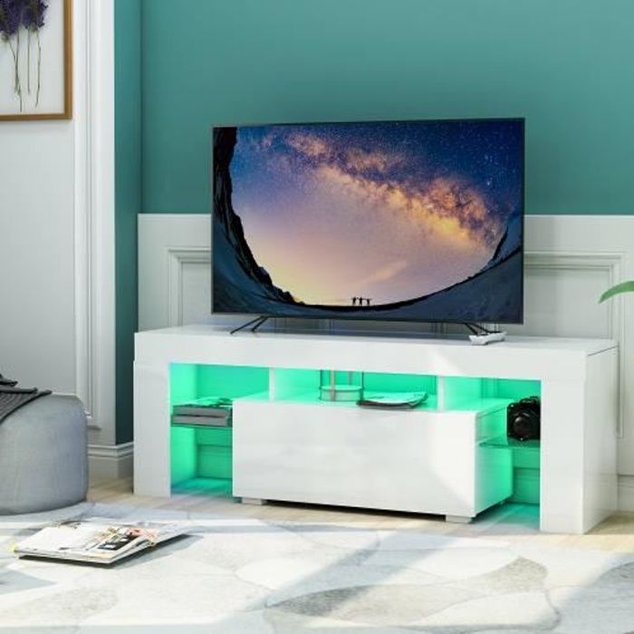 Meuble TV contemporain BLANC LED RGB - 130 x 45 x 35 cm