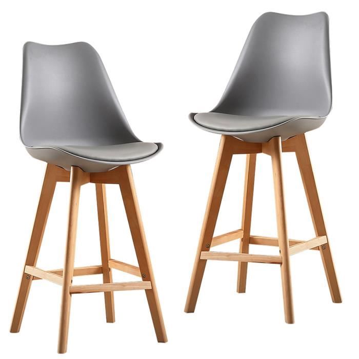 Tabourets de Bar - Pieds en Bois de hêtre - Hauteur de l’Assise 70 cm, Assise en Plastique ABS - 2PCS Gris
