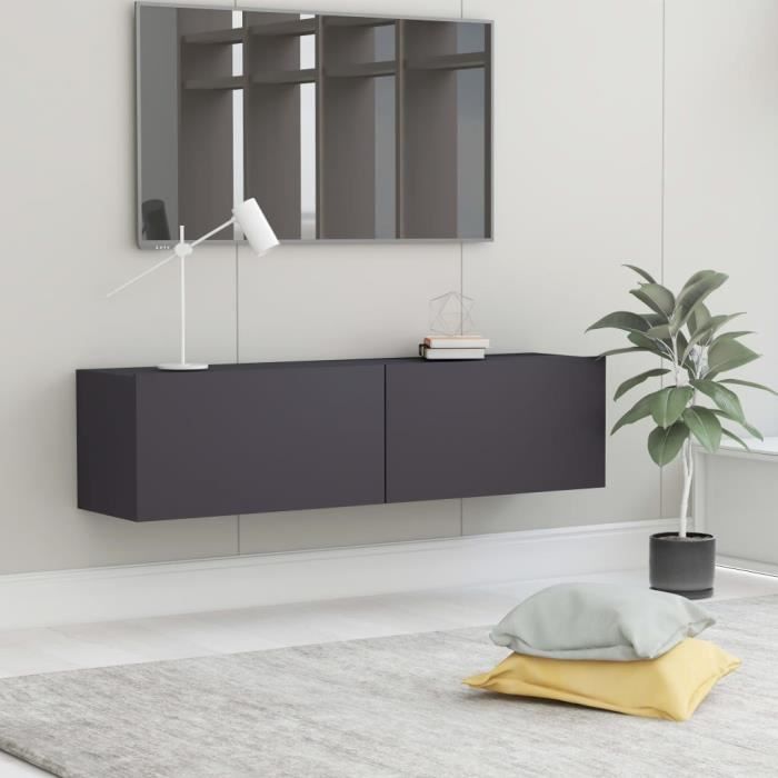 Meuble TV Mural Design Tendance Contemporain - Avec 2 Portes Abattantes - Gris Aggloméré - 120x30x30 cm