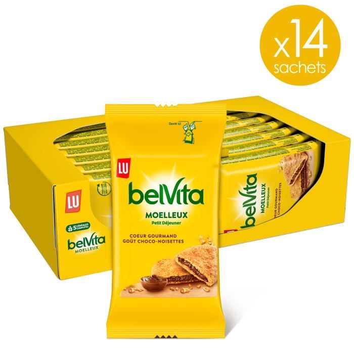 Gâteau Moelleux Petit Déjeuner - Belvita - 5 Céréales Complètes et Coeur Gourmand Chocolat Noisettes - 14 Sachets