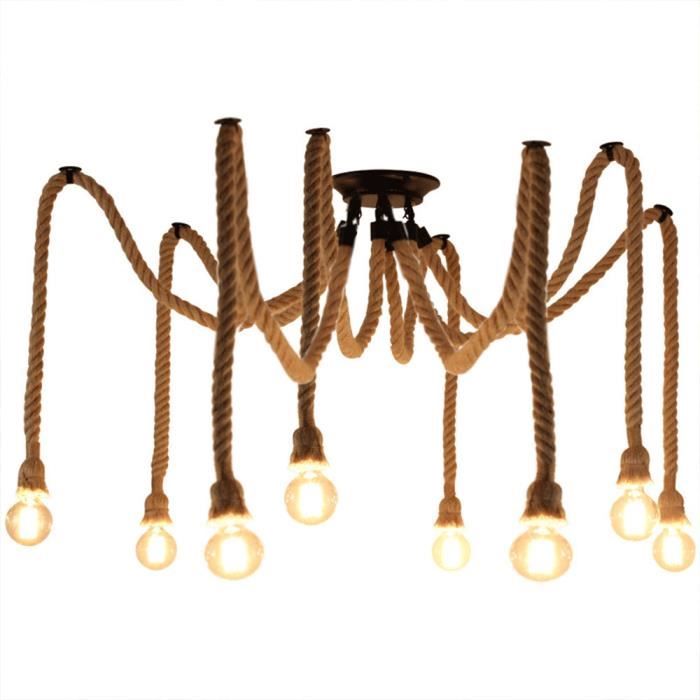 EXBON 8 Tête Lustre Suspension Araignee Industrielle Lampe Plafond Corde de Chanvre Luminaire pour Restaurant Hôtel