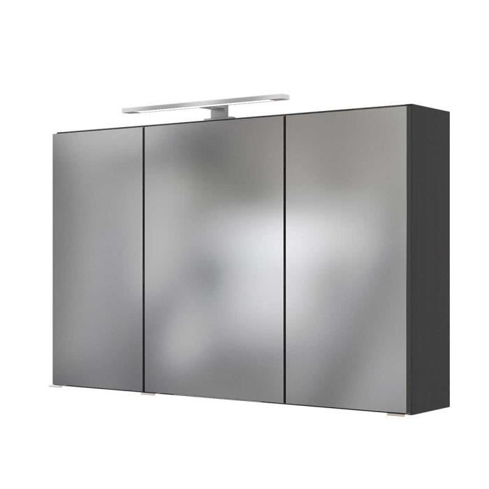 Armoire de toilette Lotuk en gris graphite, équipée de 3 portes, 6 étagères en verre et d'un éclairage LED. Fabriqué en aggloméré...