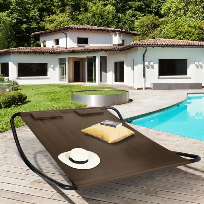 ID MARKET - Lit bain de soleil 180 CM toile chocolat structure gris foncé