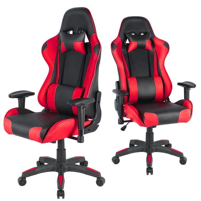 JEOBEST® Chaise de bureau GAMING fauteuil ergonomique avec coussins, noir/rouge