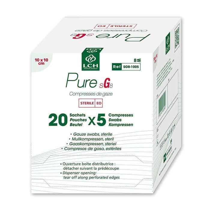 Lot de 12 boites de 100 Compresses de gaze stérile PURE 10x10 cm - Boite de 20 sachets de 5 compresses