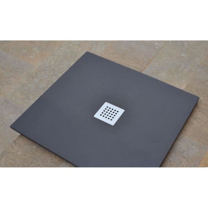 MITOLA Receveur de douche carré à poser Liwa - 80 x 80 cm - Résine composite - Gris anthracite - Bonde au centre