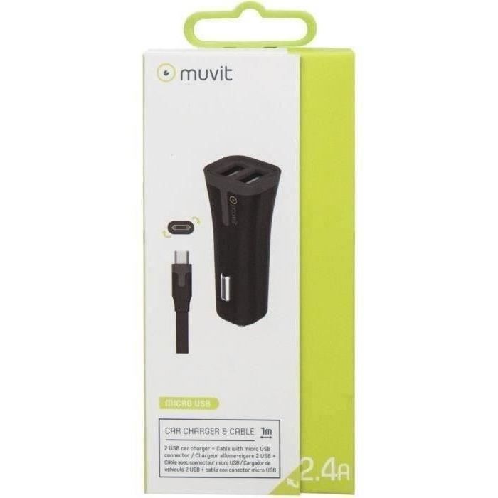 MUVIT TAB Pack chargeur voiture 2USB +Cable 2.4A USB/micro-USB - 1m - Noir