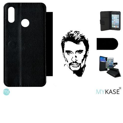 Etui à rabat compatible avec Huawei P smart 2019 - DESSIN JOHNNY HALLYDAY NOIR ET BLANC - Simili-cuir - bord Noir