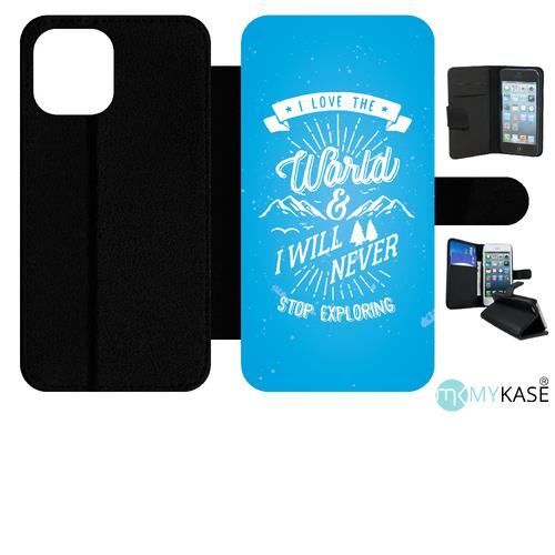 Etui à rabat iphone 12 pro max - i love the world and i will never stop exploring fond bleu - simili-cuir - noir