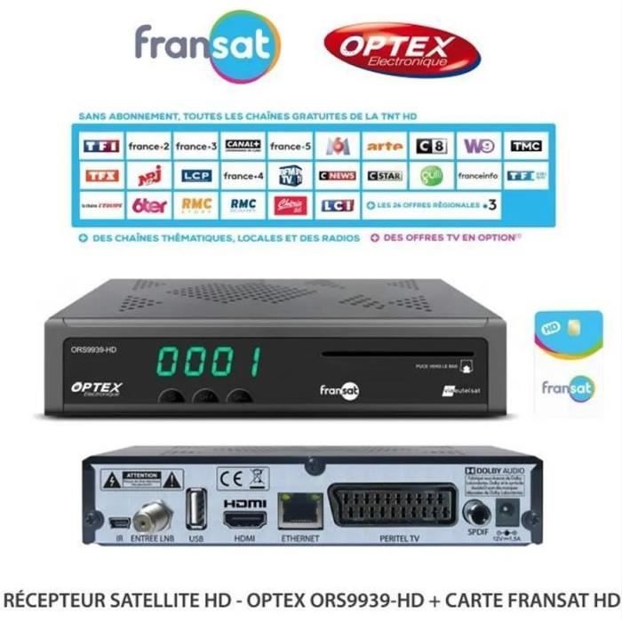 TECHWOOD FRANSAT HD Décodeur satellite + Carte FRANSAT + Cable 12V + Deport IR + Cable HDMi