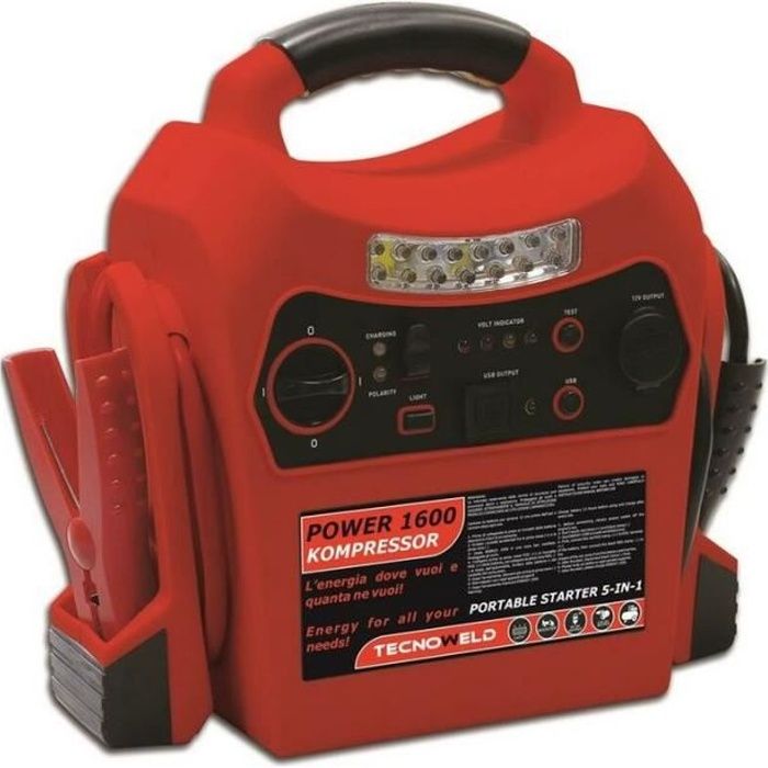 Booster Starter Auto 12V Compresseur 8 bar Batterie 40Ah Max Lampe LED POWER 1600 TECNOWELD Rouge