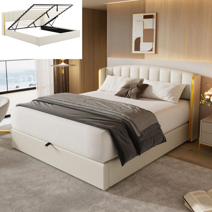 lit coffre rembourré 160x200 cm, design à oreilles à bords dorés, avec lit sommier à lattes, similicuir, crème