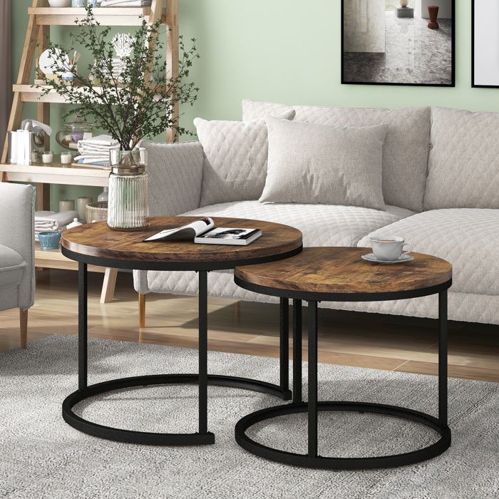 Tables basses gigognes Lot de 2 ronde Table dappoint salon70.5x50 + 45.5x44 cm Marron