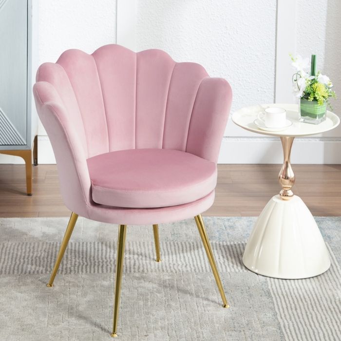WOLTU Fauteuil Coquillage Salon - Dossier en Forme de Pétale - Chaise Velours Pieds en Métal - Rose