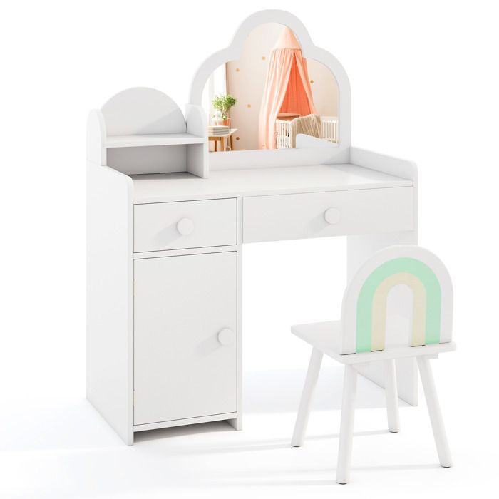 DREAMADE Coiffeuse Enfants 2 en 1 avec Tabouret Miroir Amovible Étagère Tiroirs et Armoire Ensemble de Maquillage pour 3 - 7 Ans