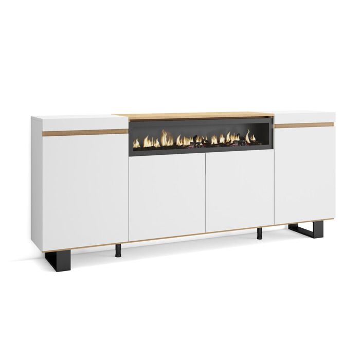 Buffet salon et cuisine 200x87x35cm 4 Portes Cheminée électrique Design industriel Blanc et Chêne Soft RF3764 Buffet salon et cuisine 200x87x35cm 4 Portes Cheminée électrique Design industriel Blanc et Chêne Soft RF3764