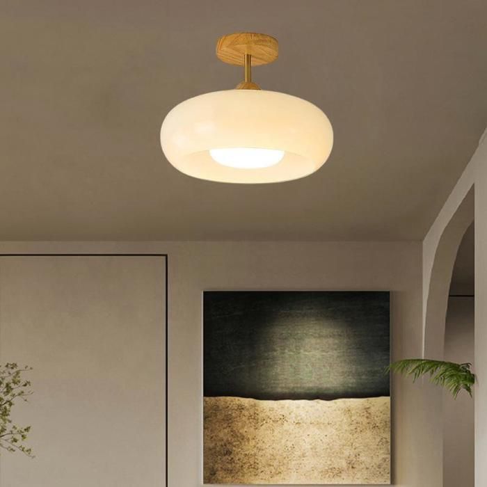 WOTTES Plafonnier LED en Verre Rond Design E27 Plafonnier Créatif Nordique en bois Lustre Salon Contemporain Moderne Blanc 1pcs