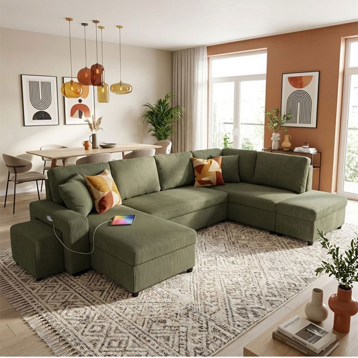VEGA Canapé dangle panoramique convertible Vert KAKI (velours côtelé ) - Taille XL - 6 places - 326 x 157 x 83