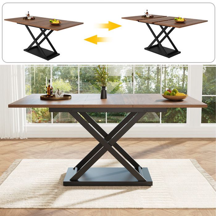 Table à Manger Extensible - Noyer & Métal Noir - 120-160 cm - 6 à 8 Personnes - Design Contemporain