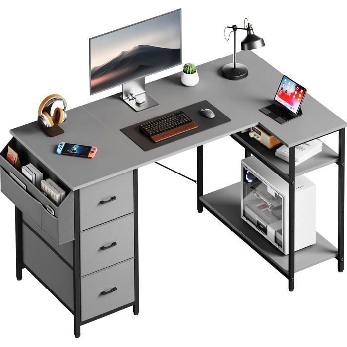 HLONONE Bureau dangle 120x78cm Bureau en forme de L avec 3 tiroirs en tissu Bureau dordinateur avec Support de Moniteur Gris