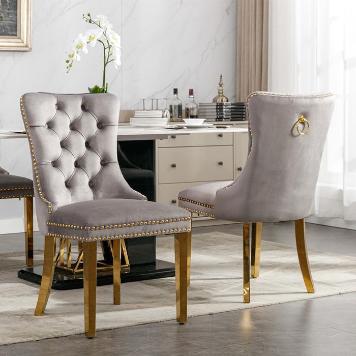 Chaise Lot de 2 salle à manger velours+bois massif pieds acier doré gris+doré Chaise Lot de 2 salle à manger velours+bois massif pieds acier doré gris+doré