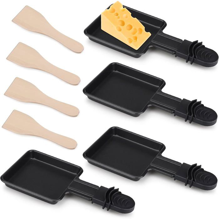 Mini Ensemble De 4 Poêles à Raclette Carrées Avec Spatules En Bois - Poêlons Antiadhésifs Pour Grille Électrique, Fromage, Œufs Et Crêpes