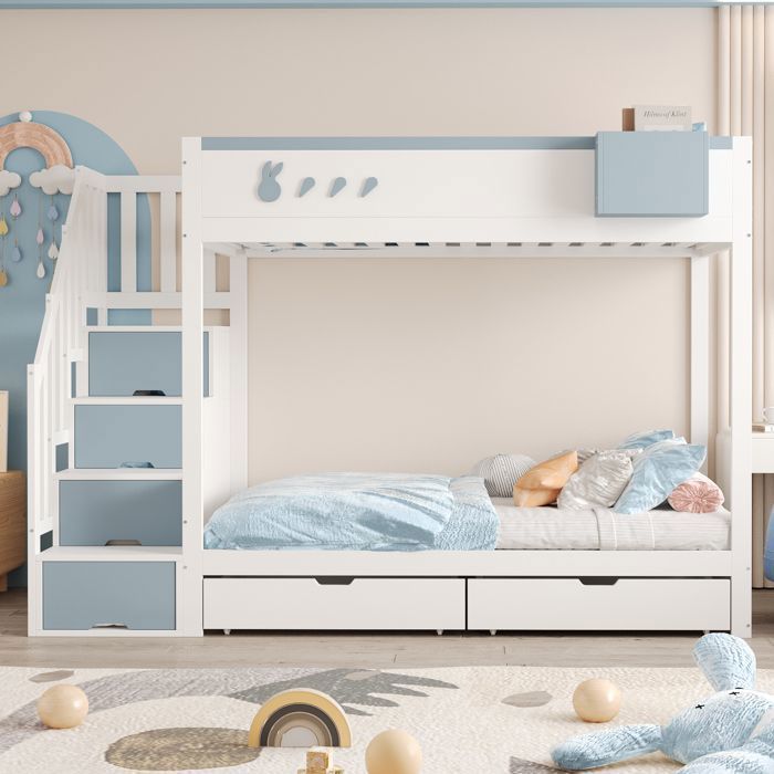 Lit superposé enfant 90 x 200 cm avec 2 tiroirs et escalier de rangement et sommier étagère de rangement amovible Blanc + Bleu